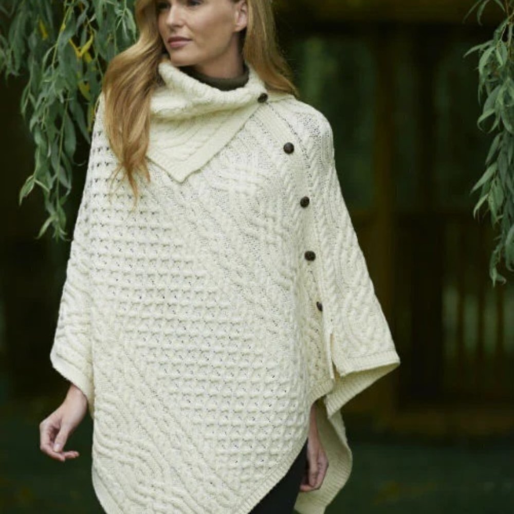 Aran Crafts Merino Wool Cowl Neck Button Poncho Natural Cream CW4784 Ireland S/M